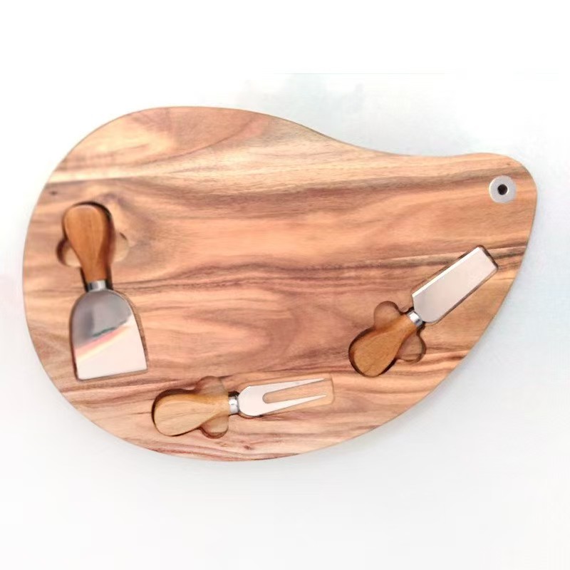 Cheese Board Set with 3 Stainless Steel Knives – Wooden Charcuterie Platter 40x26cm